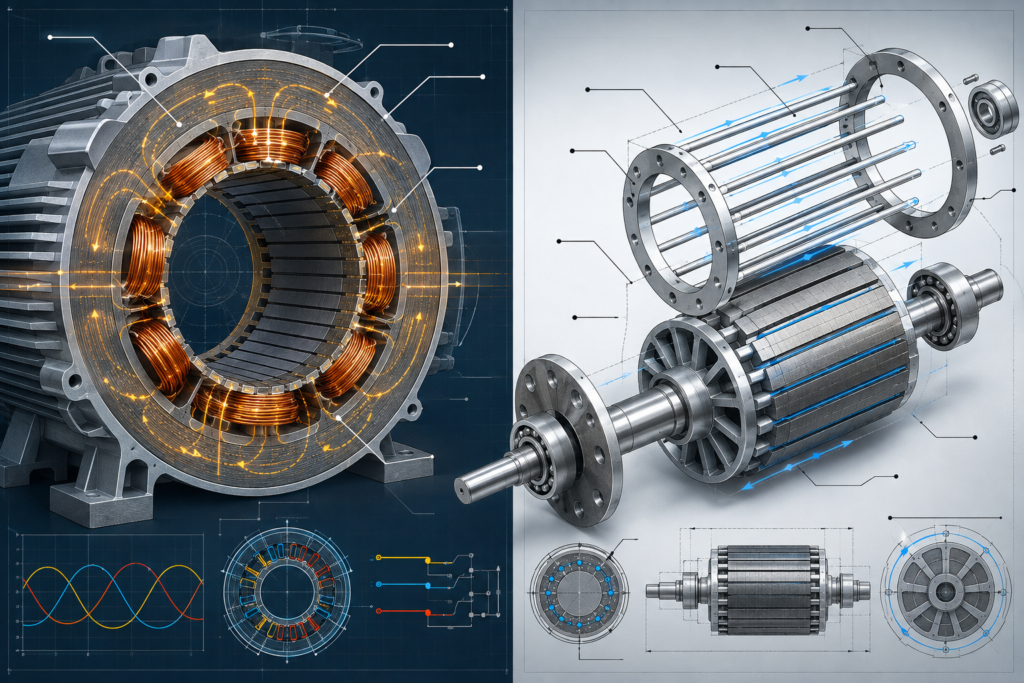 Technical cross-section diagram of an induction motor stator with copper windings and a detailed inset of a squirrel cage rotor.