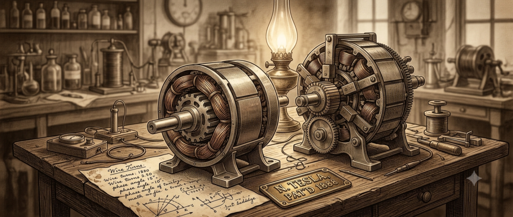 Side-by-side conceptual illustration comparing an early 19th-century open-cage induction motor (AC) on the left with a traditional DC brushed motor (DC) on the right, highlighting the simple construction of the AC motor.