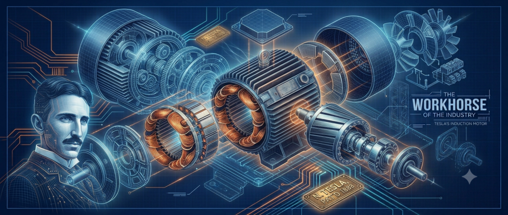 Retro-futuristic banner for induction motor history featuring Nikola Tesla and a detailed induction motor diagram, in an architectural engineering blueprint style.