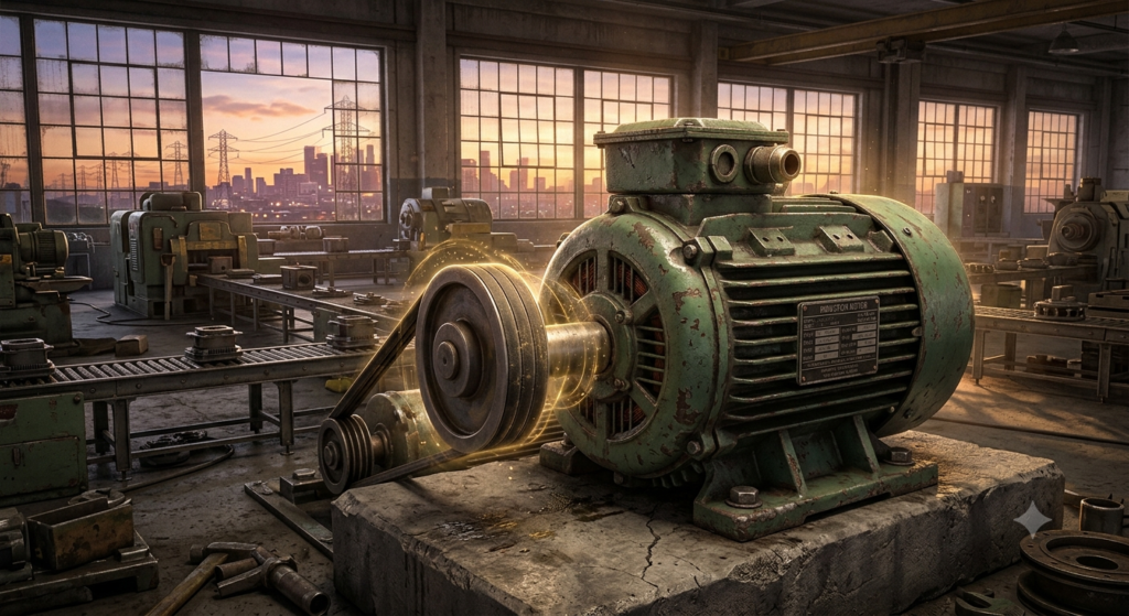 A panoramic view of an industrial plant at sunset with a large, robust induction motor in the foreground, summarizing its crucial role.