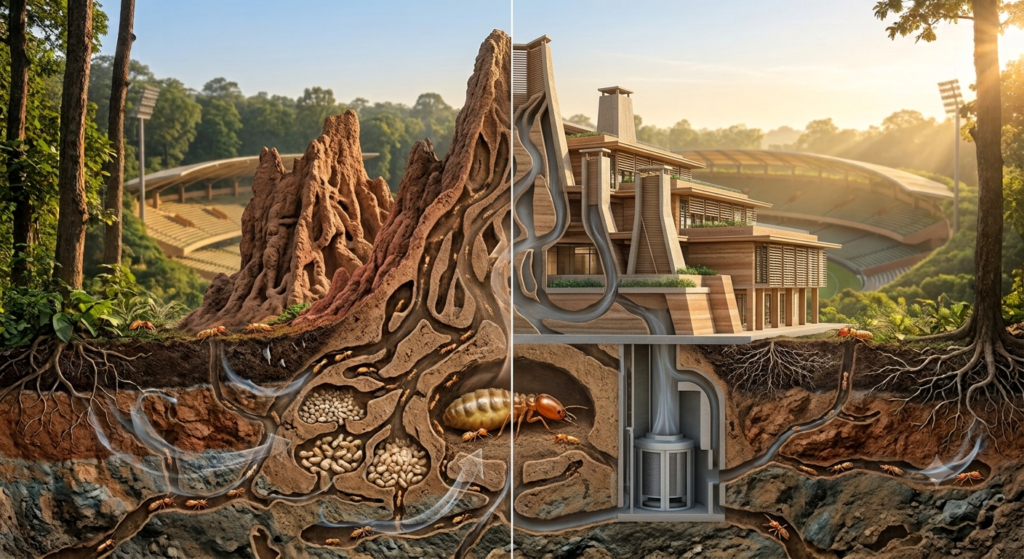 Biomimicry की अवधारणा दीमक के टीले और आधुनिक ऊर्जा-कुशल भवन की तुलना।