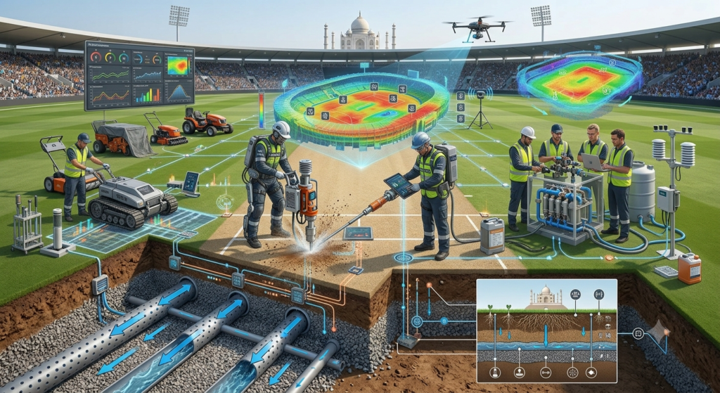 Modern Stadium Pitch Technology आधुनिक क्रिकेट पिच तकनीक और नियंत्रण प्रणाली।