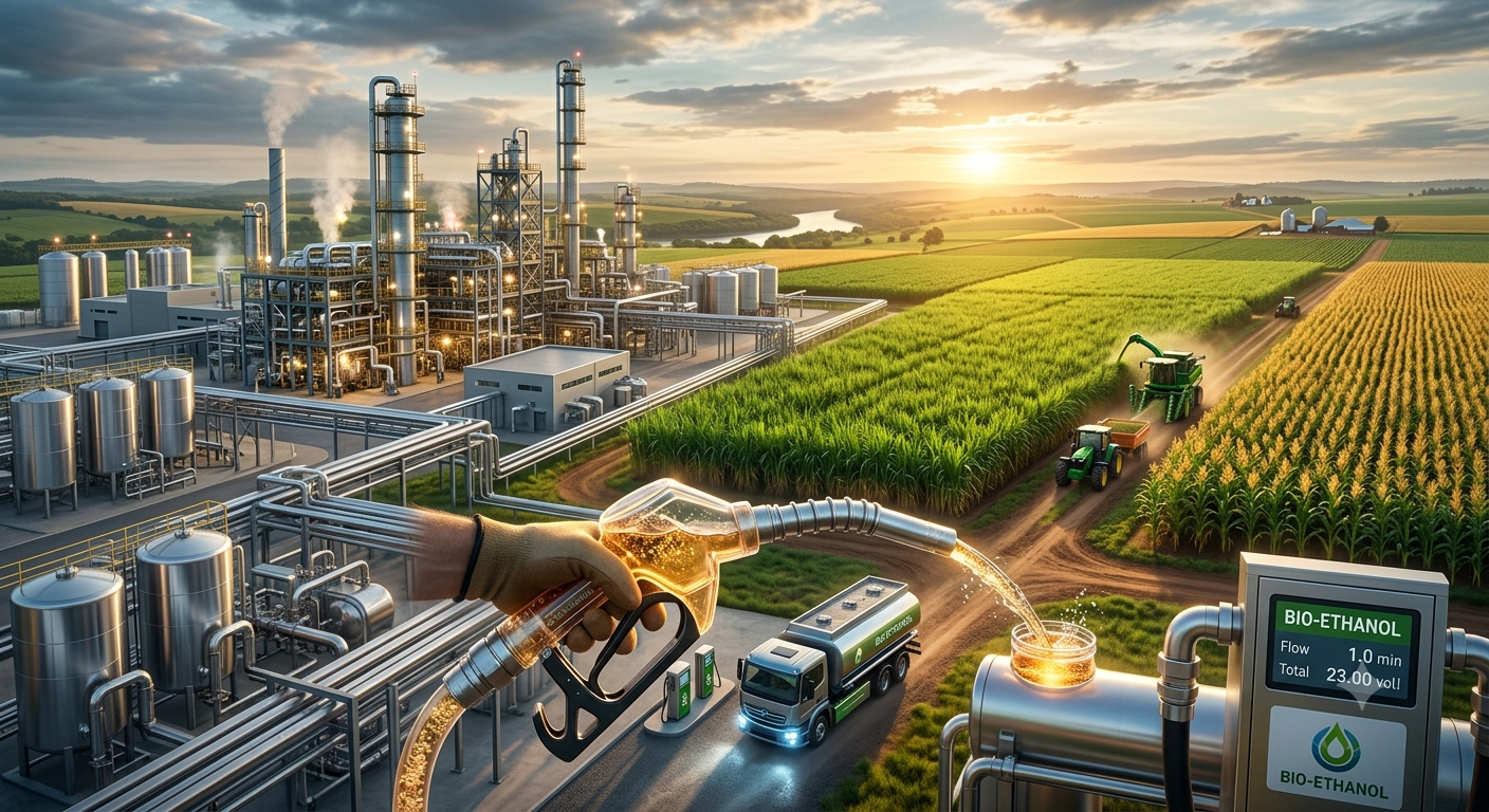 Ethanol Blending in India - Conceptual view of biofuel production from agricultural crops to industrial refinery.