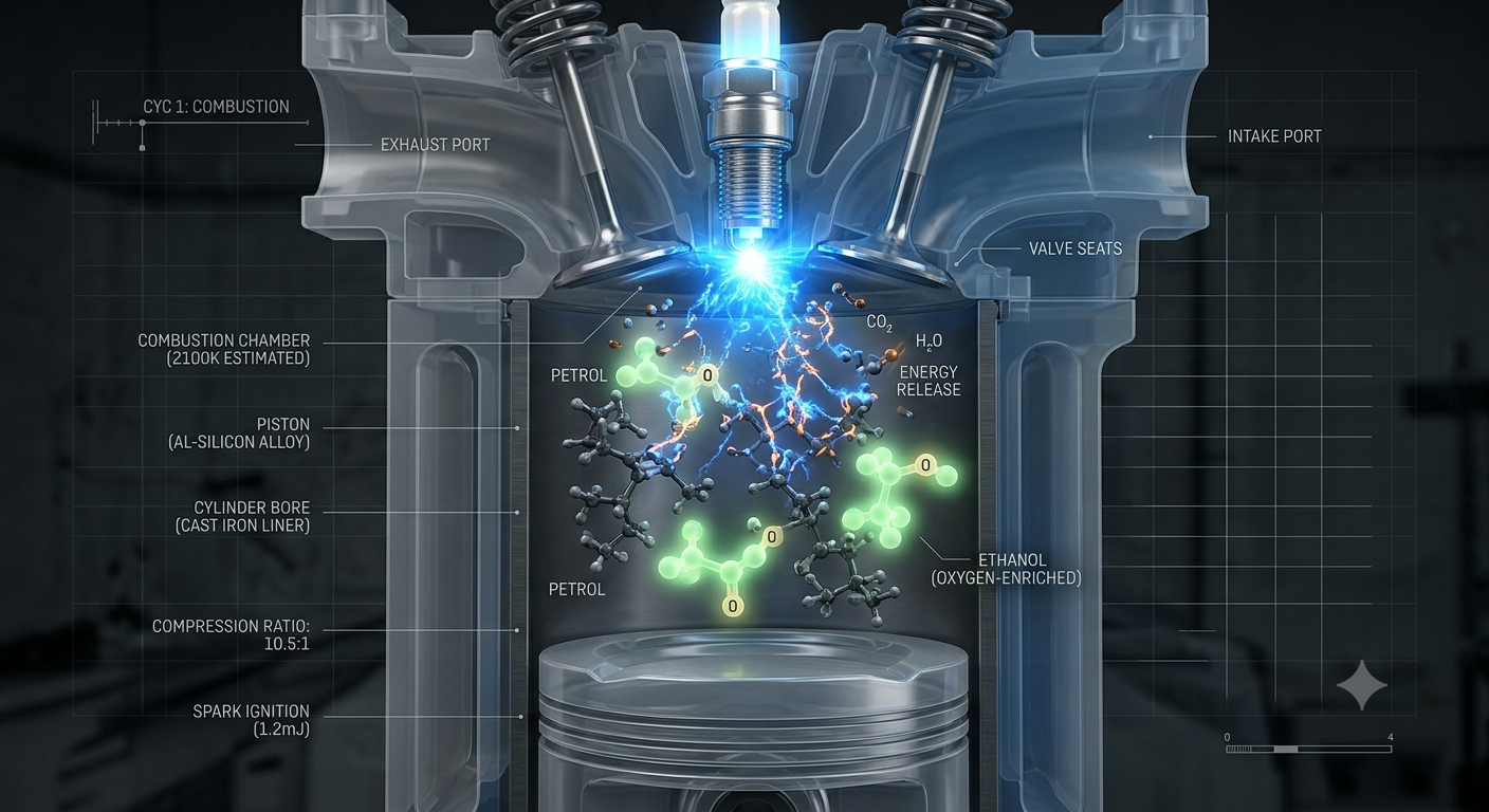 Ethanol Blending in India - Visualizing the chemical combustion and oxygenation of ethanol blended fuel inside a car engine cylinder.