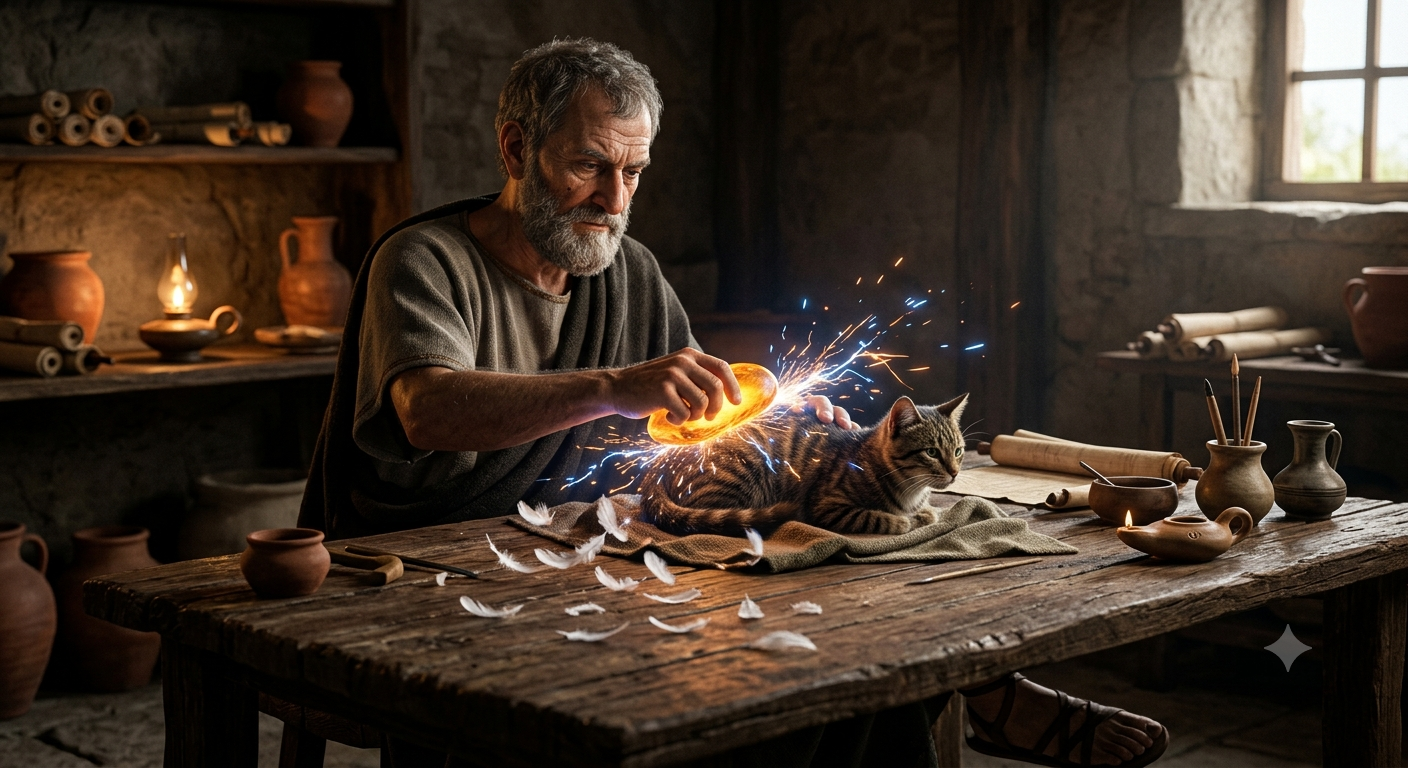 thales-miletus-amber-static-electricity-experiment Ancient Greek philosopher Thales of Miletus rubbing amber stone against fur to create static electricity