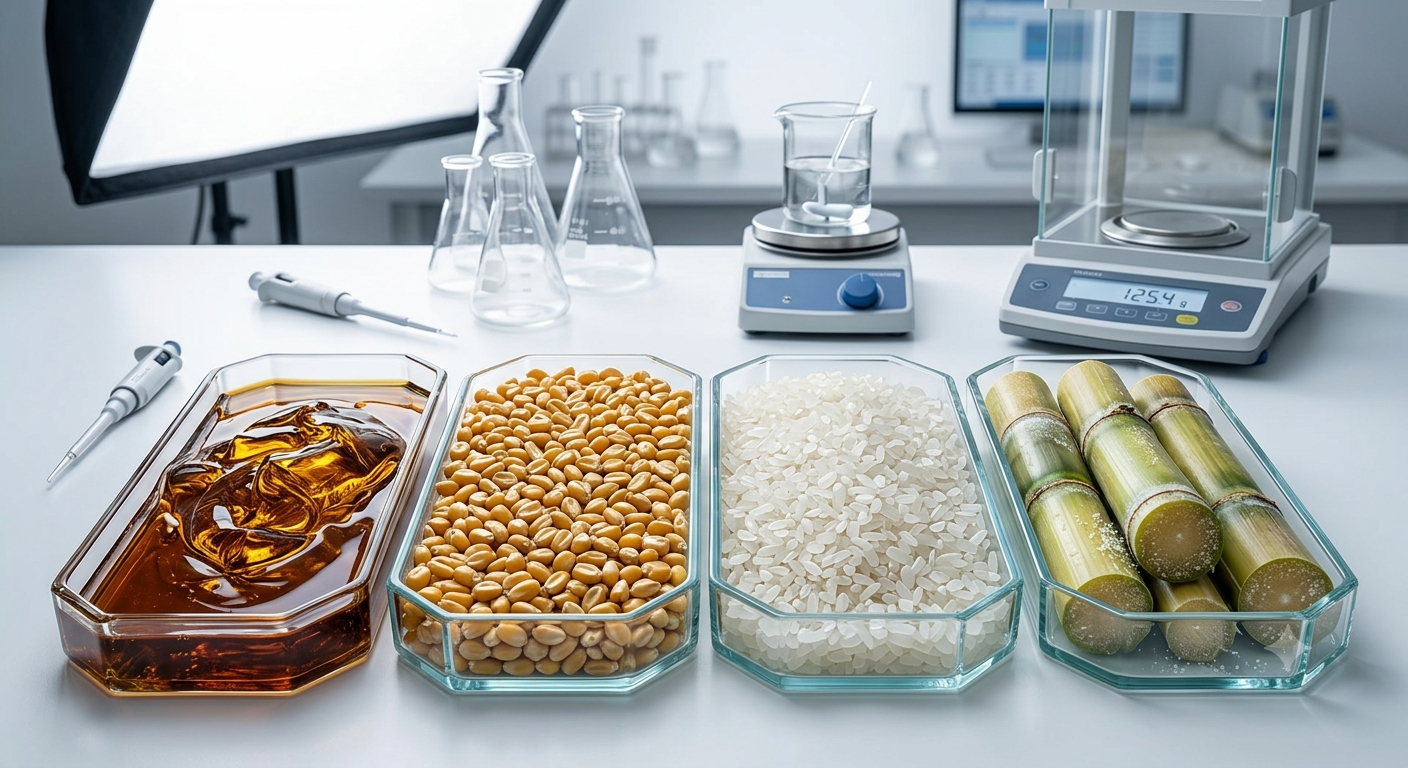 Ethanol Blending in India - Comparative visual breakdown of sugarcane molasses, maize, and broken rice feedstocks.
