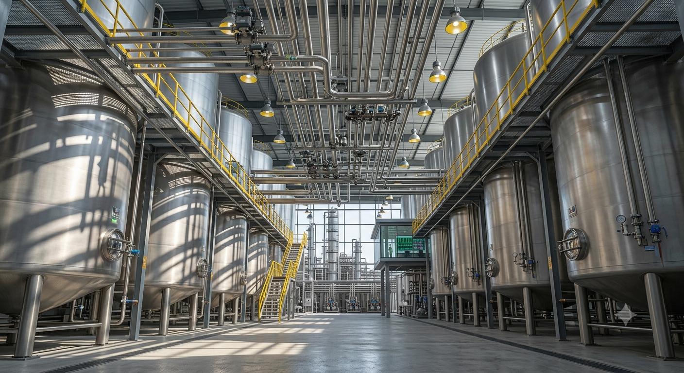 Ethanol Blending in India - Industrial fermentation stage using high-capacity stainless steel reactors.