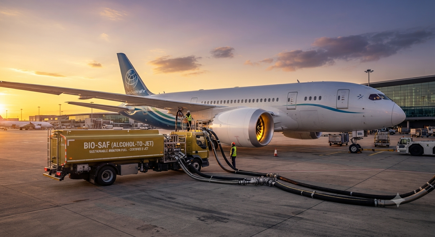 Ethanol Blending in India - Futuristic view of bio-ethanol converted into Sustainable Aviation Fuel (SAF).