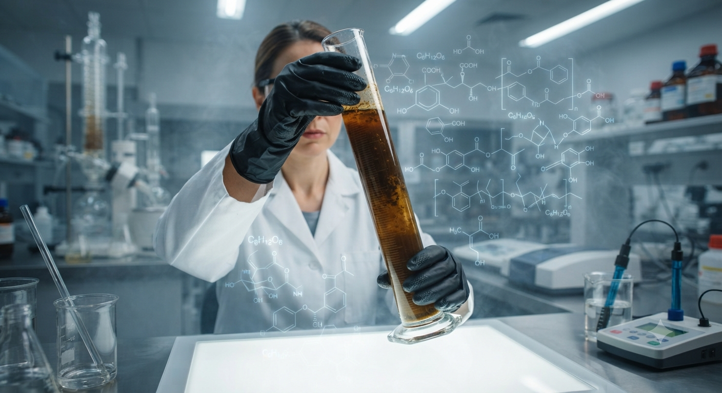 Laboratory researcher analyzing bioethanol chemical compounds and molecular formulas for fuel efficiency testing.