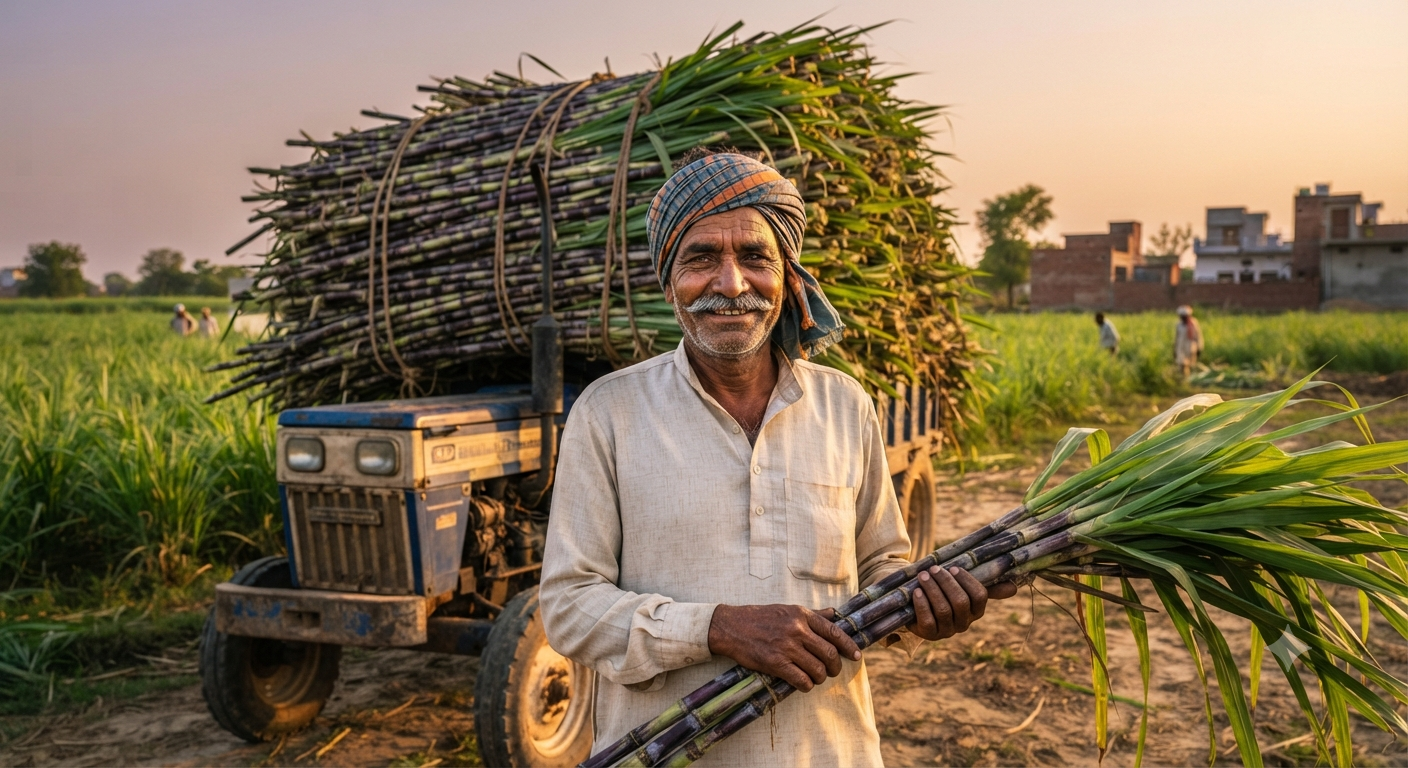 Ethanol Blending in India - A local sugarcane farmer managing crop harvesting logistics for commercial sugar mills.