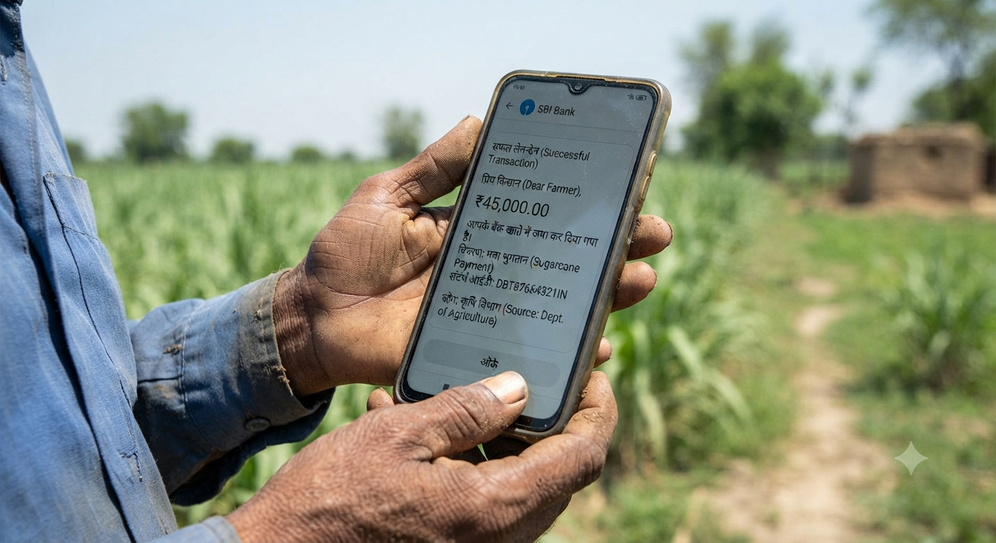 Ethanol Blending in India - Digital banking screen showing direct sugarcane payment transfers to a farmer's account.