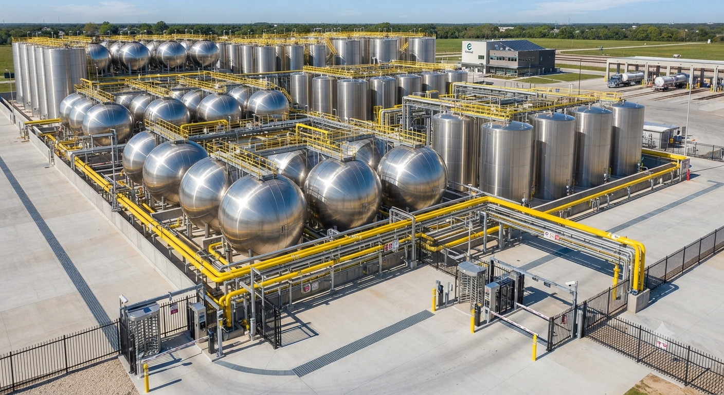 Ethanol Blending in India - Large scale storage terminals holding pure anhydrous ethanol for distribution.