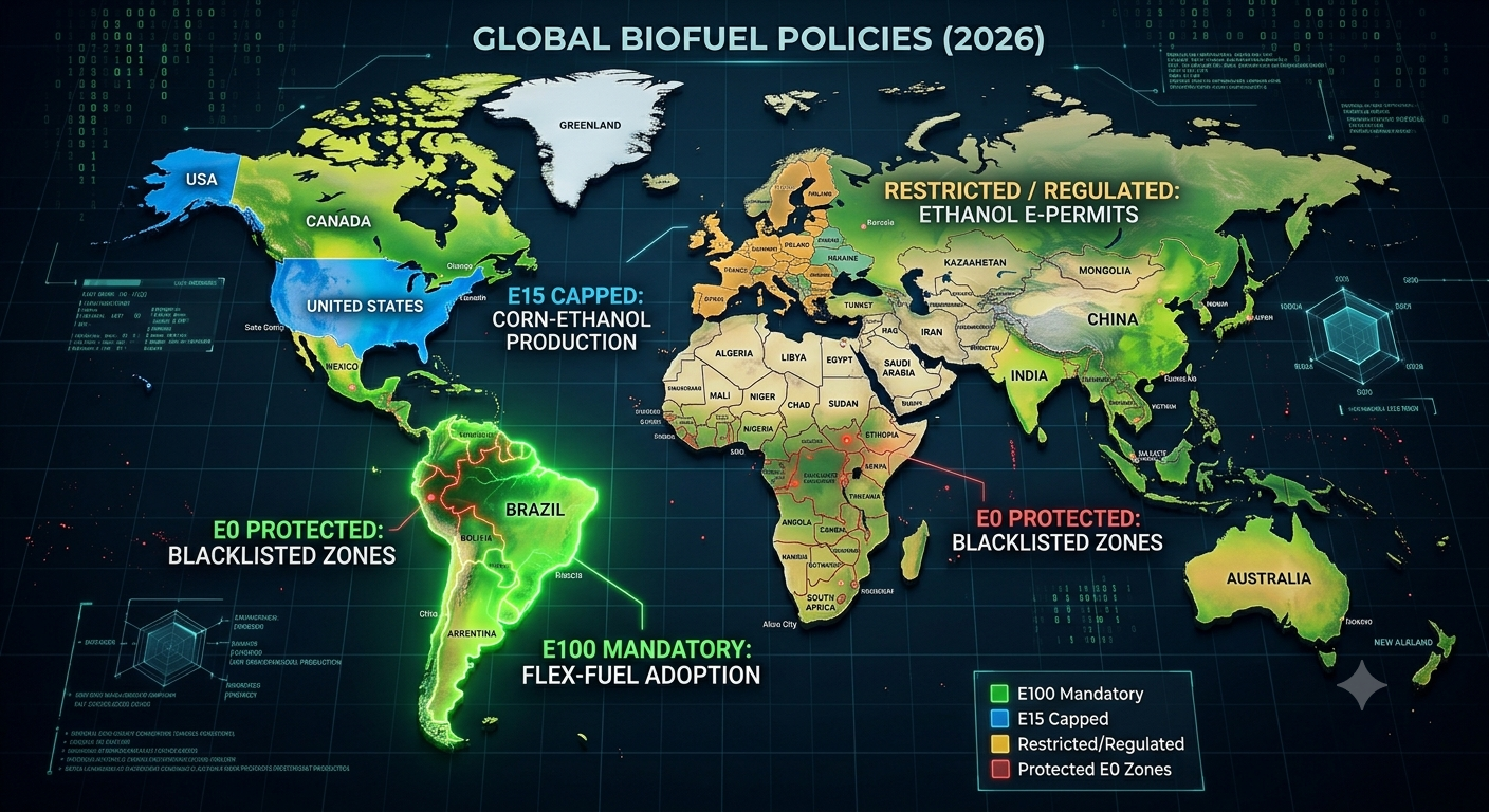 Ethanol Blending in India - Global perspective showcasing countries with high blend mandates versus countries with bans and restrictions.