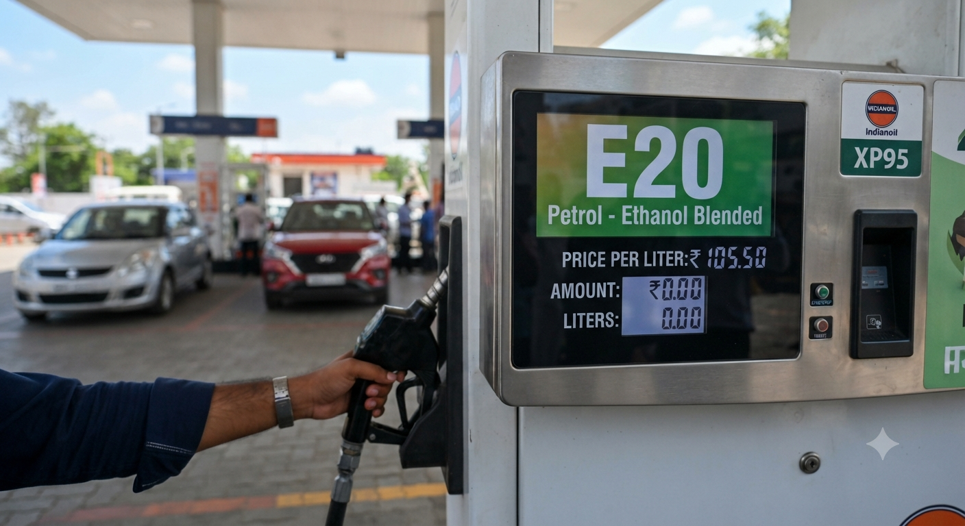 Ethanol Blending in India - Clear labeling of E20 fuel at retail petrol pumps.