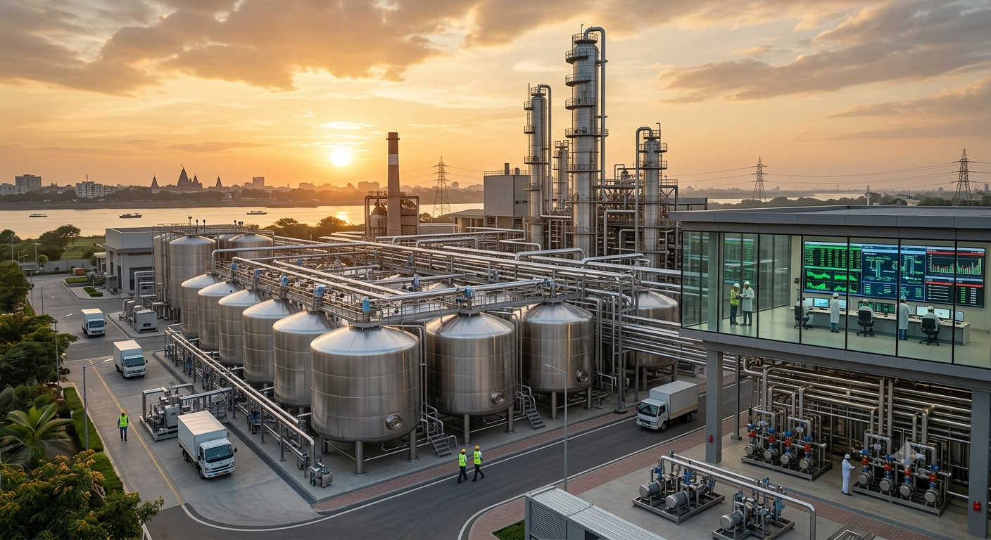 Ethanol Blending in India - Advanced state-of-the-art distillery infrastructure with stainless steel fermentation tanks.