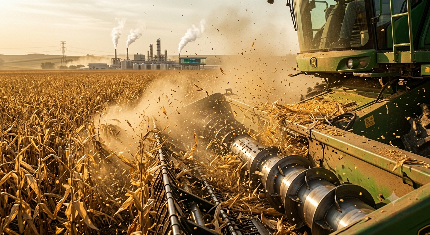Ethanol Blending in India - Global feedstock comparison showing US corn farming for ethanol production.