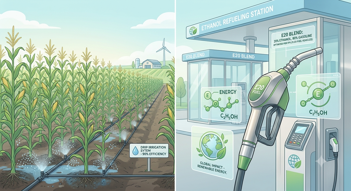 A conceptual split screen showing water resource analysis versus ethanol fuel dispensing.