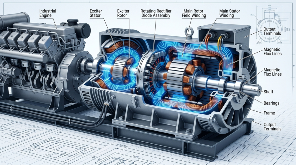 Brushless generator internal construction showing exciter, rotating rectifier and main rotor field.
