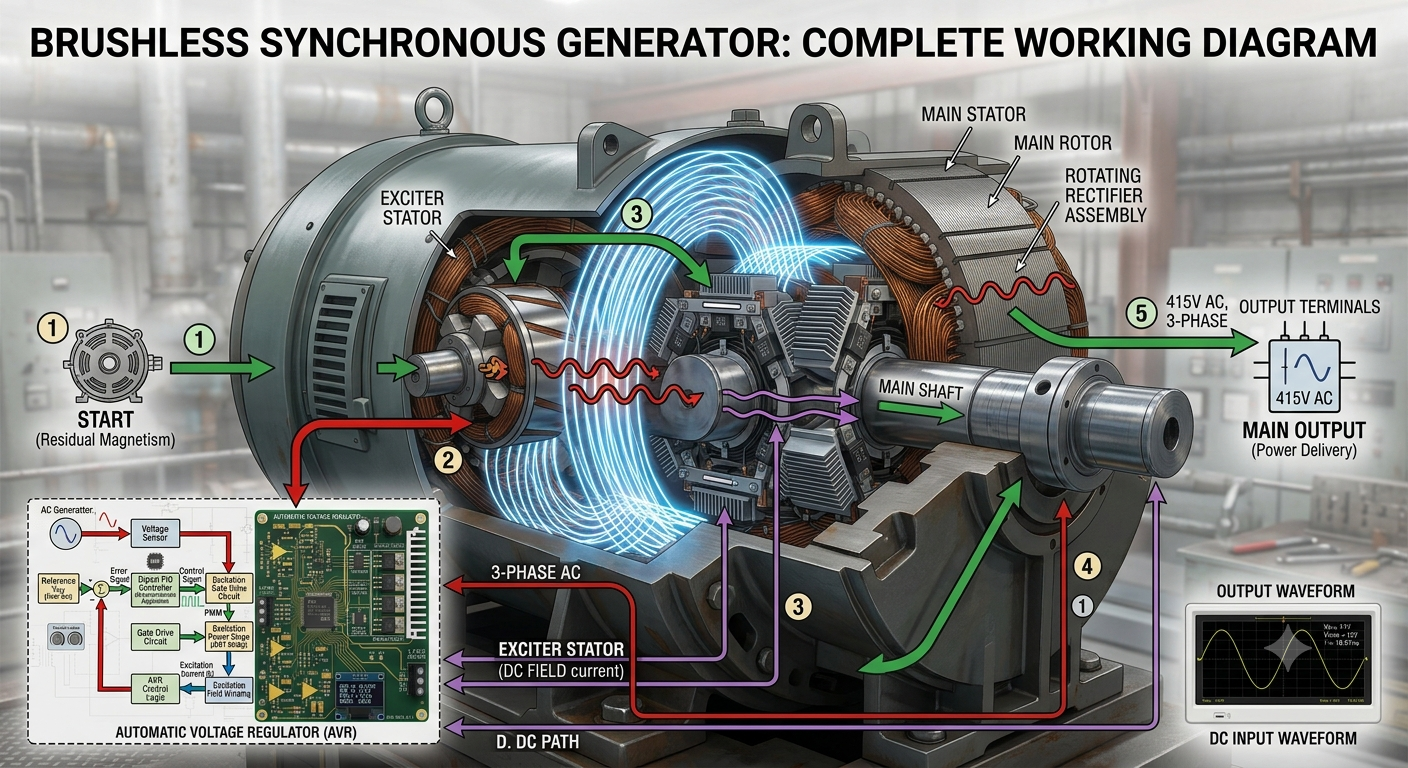 Complete Working Principle Complete brushless generator working principle.