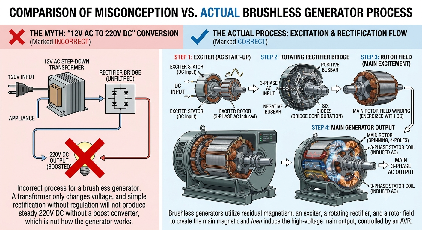 12V AC vs 220V DC Explained Comparison between myth and actual generator working.