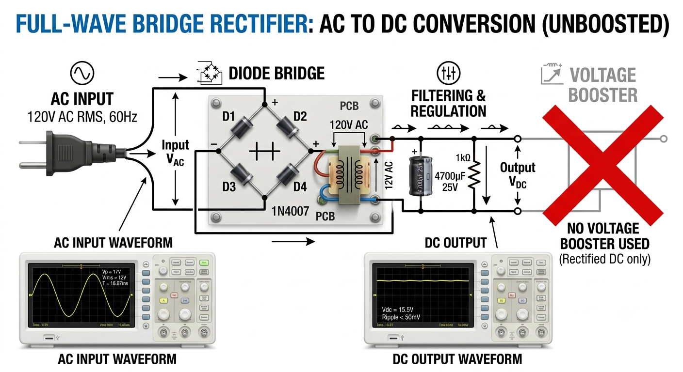 Rectifier Does NOT Increase Voltage Bridge rectifier converting AC to DC.