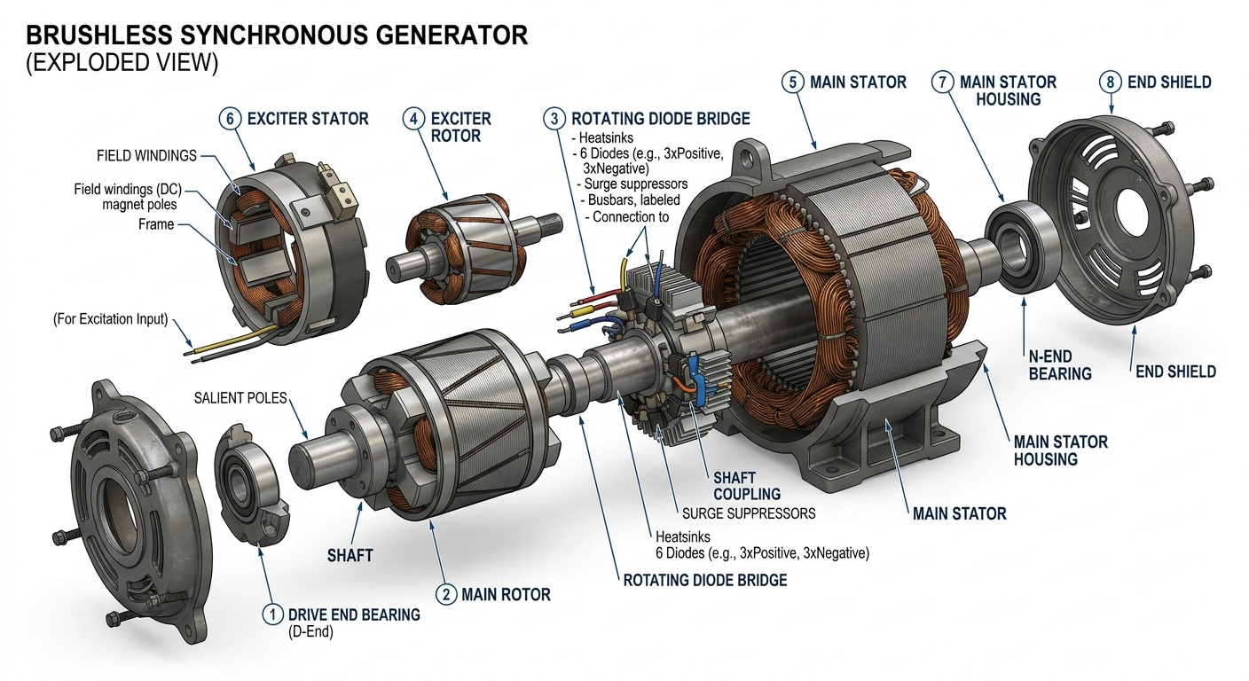 Internal Parts of Brushless Generator Brushless generator exploded view.