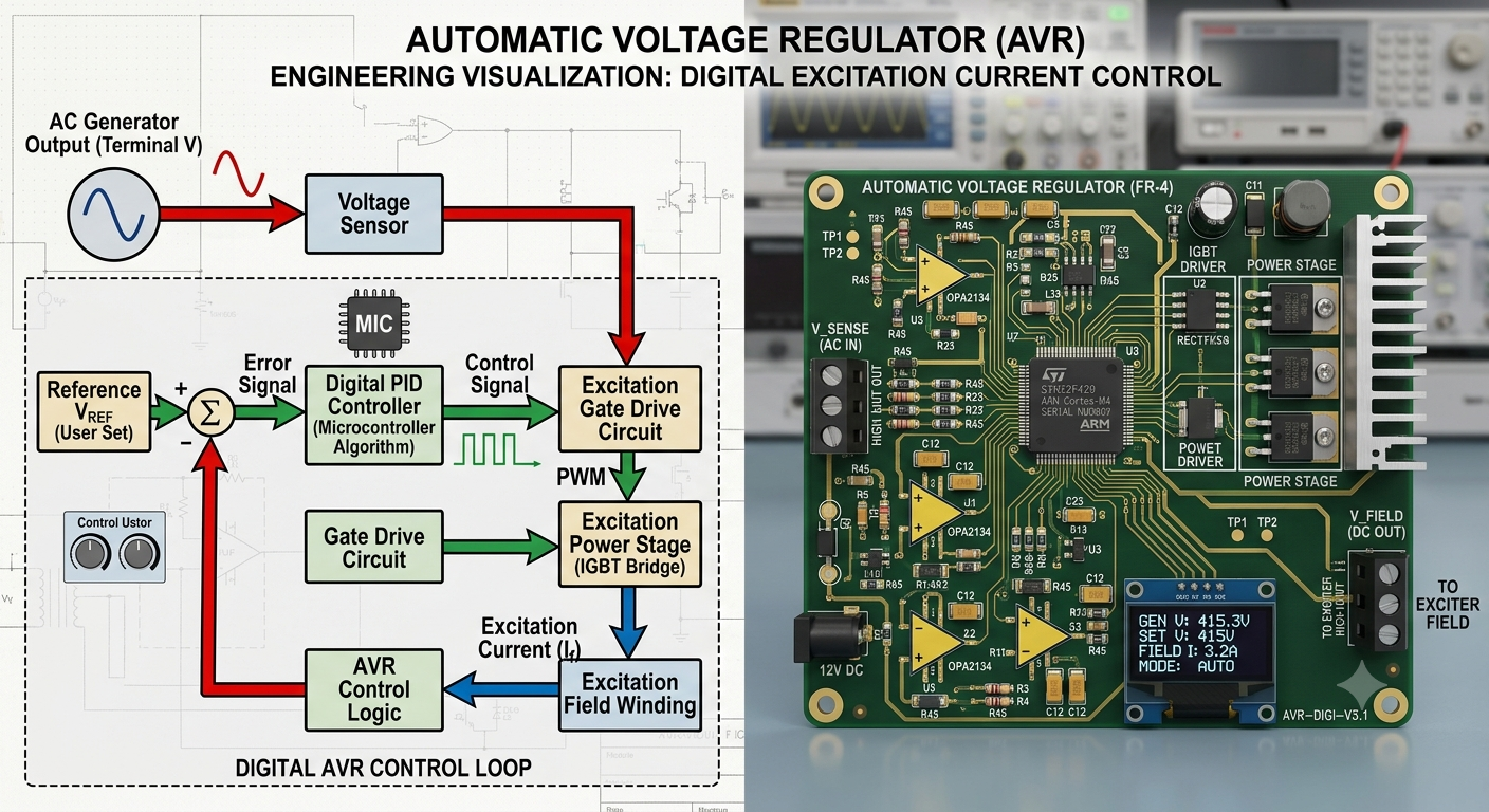Automatic Voltage Regulator (AVR) Automatic Voltage Regulator controlling excitation.