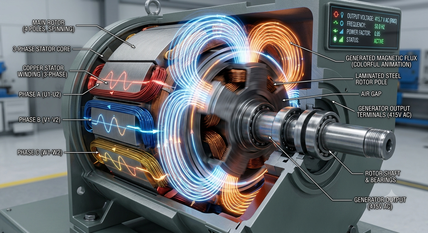 How 3-Phase Voltage is Generated Three-phase voltage generation inside stator.
