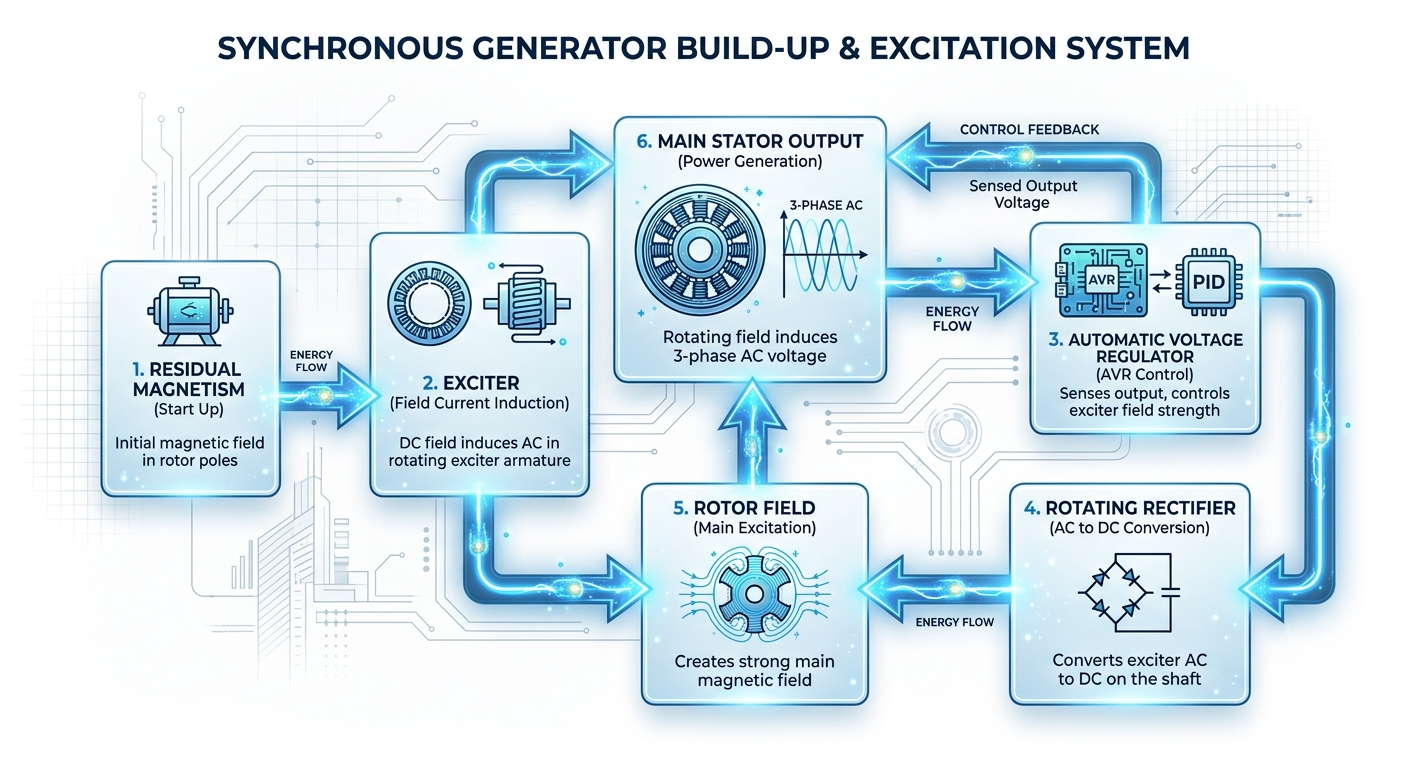 Generator Voltage Build-Up Process Generator voltage build-up sequence.