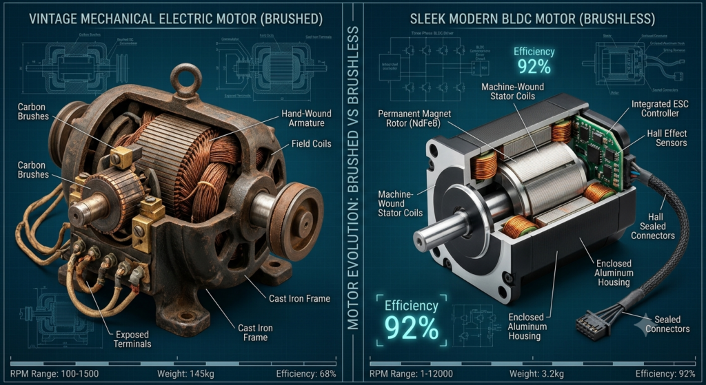 Historical evolution from brushed mechanical DC motor to modern BLDC motor