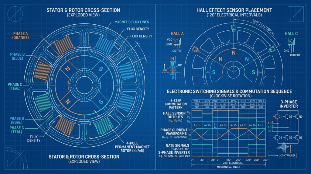 Technical diagram showing BLDC motor 3-phase stator, rotor magnets and Hall effect sensors position