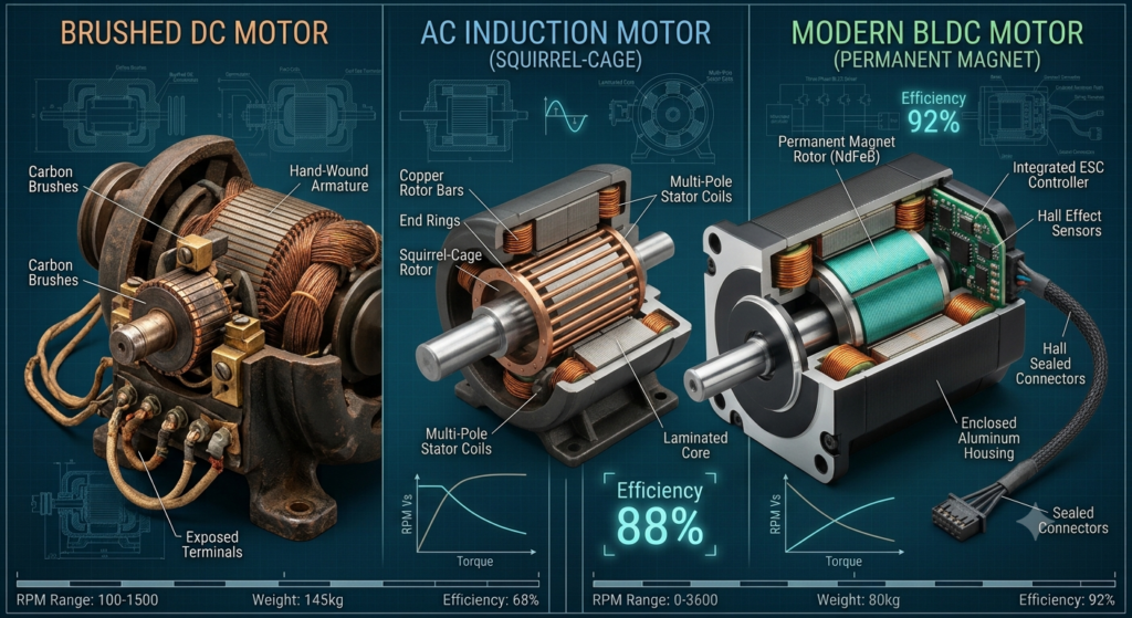 Side by side structural cross-section comparison between Brushed DC, AC Induction, and BLDC motor architectures