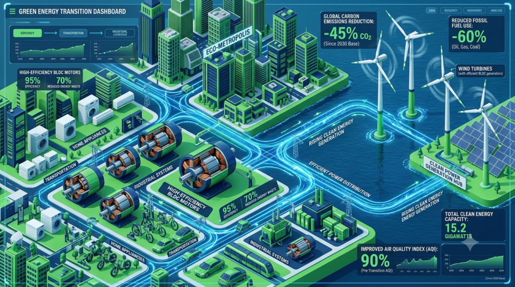 Visual infographic showing power grid energy reduction through widespread BLDC motor adoption