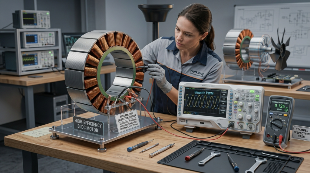 Workshop mechanic conducting electrical diagnostic tests on a BLDC fan stator and controller board