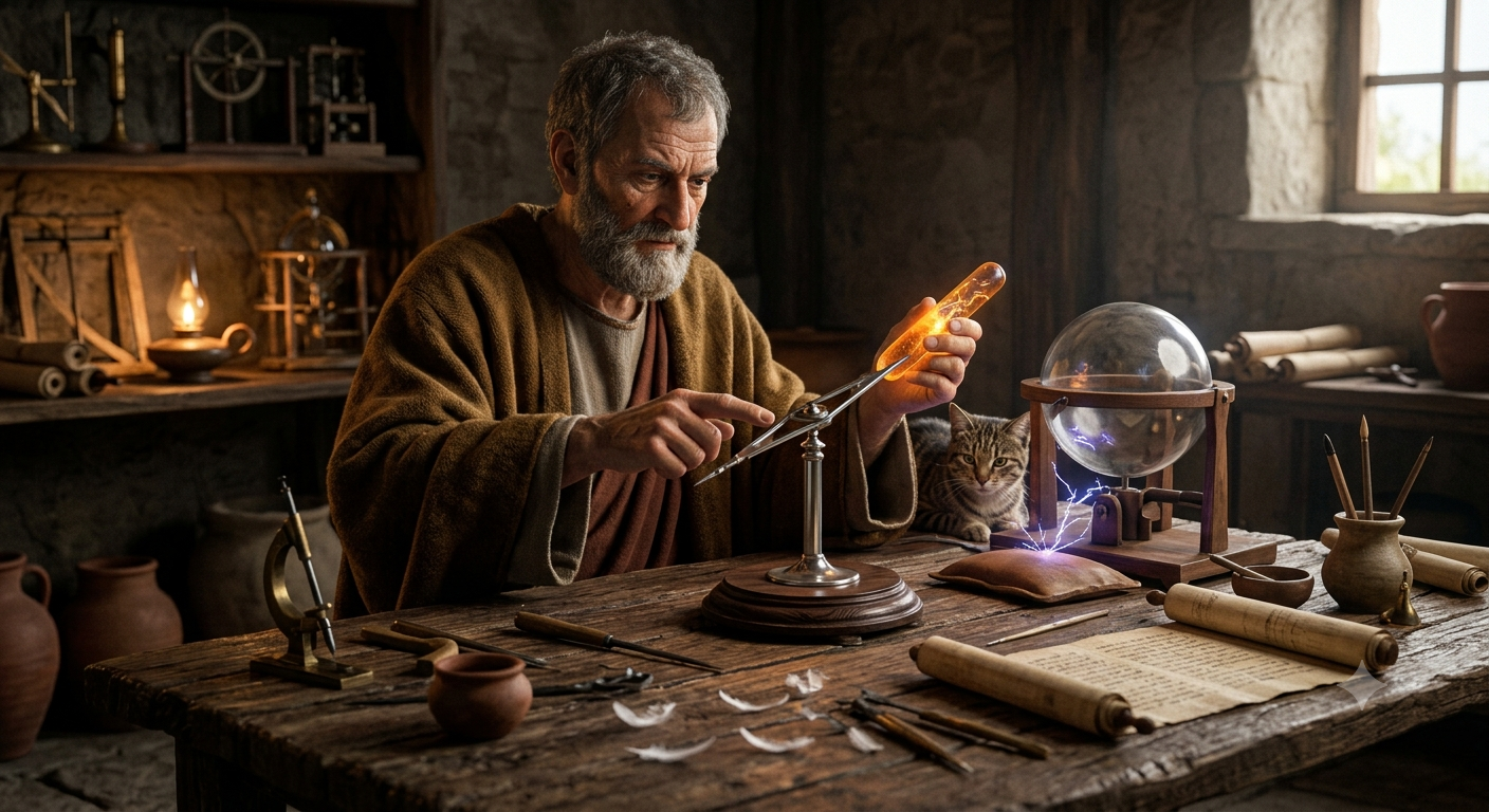 william-gilbert-versorium-electroscope-experiment-1600 William Gilbert demonstrating the first electroscope called Versorium in a medieval workshop