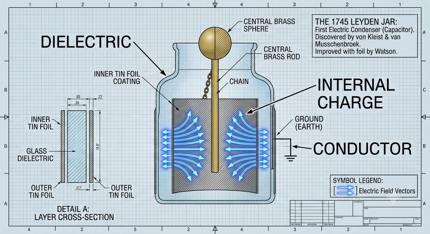 leyden-jar-capacitor-structural-schematic-diagram Technical 3D cross section schematic diagram of a 1745 Leyden Jar capacitor with foil layers