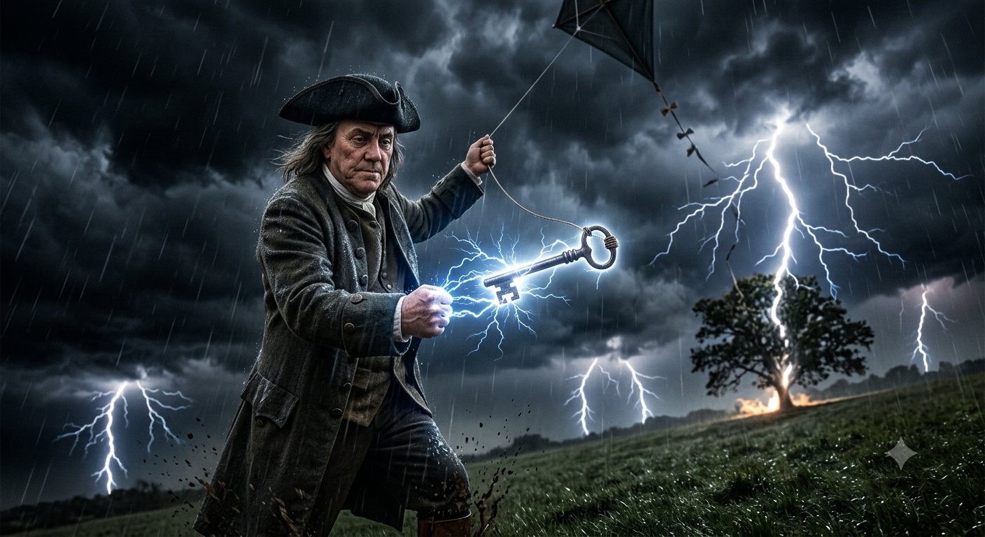 benjamin-franklin-lightning-kite-key-experiment-1752 Cinematic view of Benjamin Franklin flying a silk kite during a thunderstorm catching electrical sparks with a key