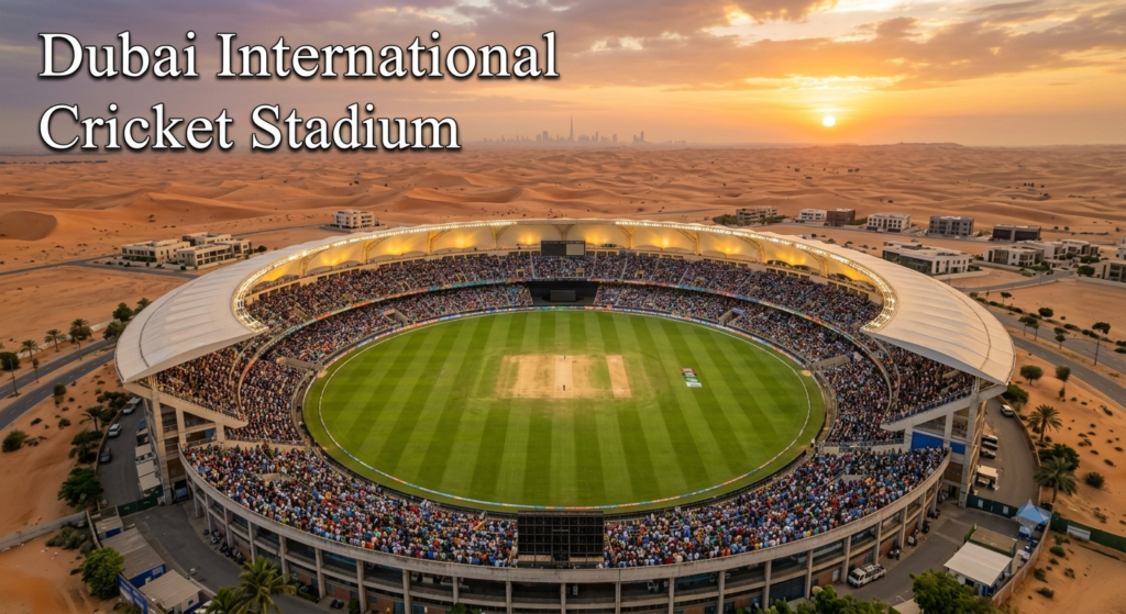 Dubai International Cricket Stadium – UAE Engineered Cricket Pitch Dubai International Cricket Stadium featuring a modern engineered cricket pitch surrounded by lush green outfield in desert conditions.
