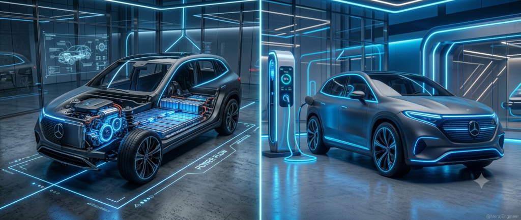 Exposed high-voltage lithium-ion battery and electric powertrain chassis of a modern EV