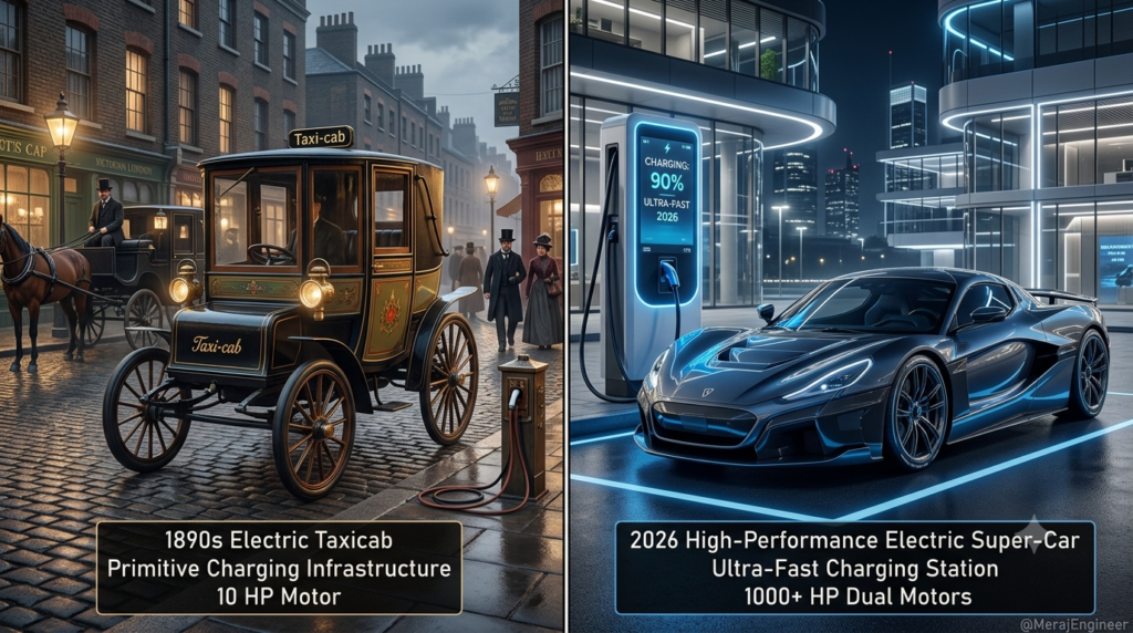 Visual comparison between a 1890s early electric taxicab and a modern 2026 high-performance electric vehicle