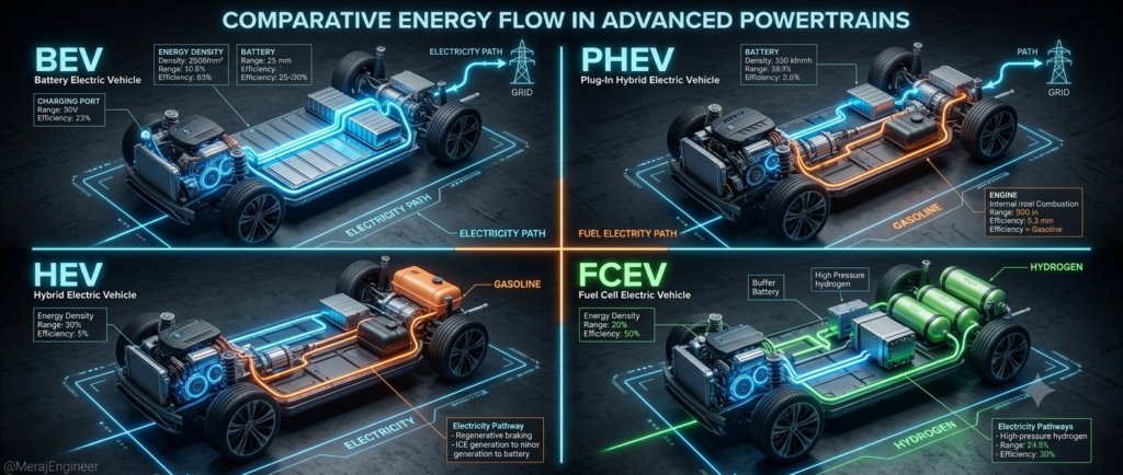 Engineering block diagram showing functional components of BEV, PHEV, HEV, and FCEV powertrains