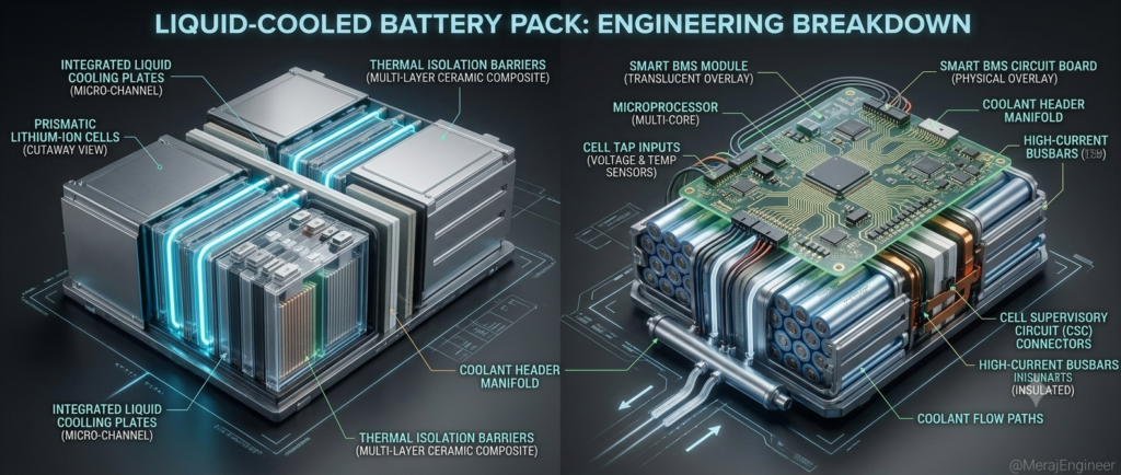 3D cross-section view showing cells, cooling plates, and thermal management of an EV battery pack