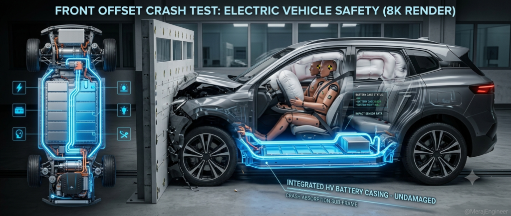 Official frontal crash test showing multiple airbags deploying in an EV and battery safety cage.