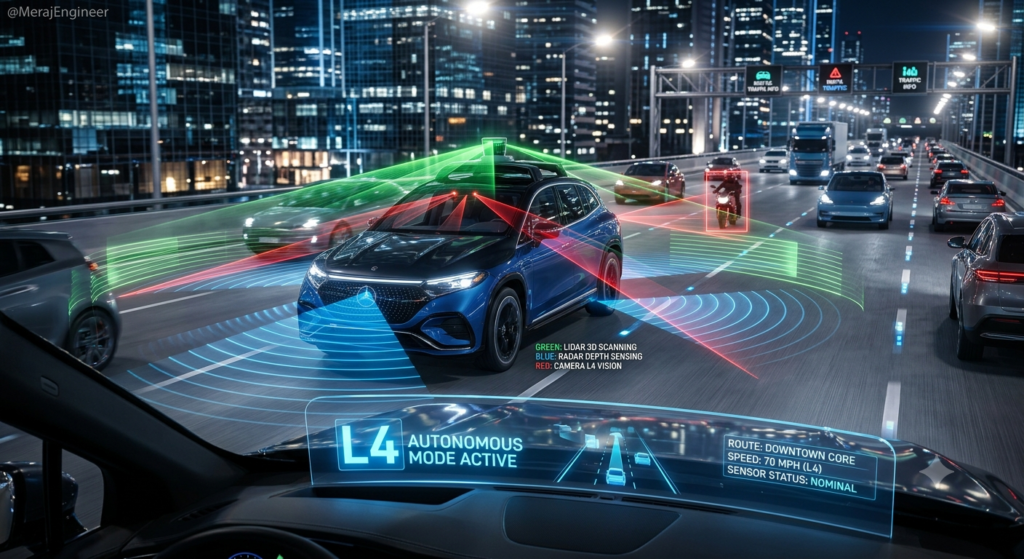 Comprehensive visualization of autonomous driving sensors (LIDAR, Radar, Camera) on a moving EV.