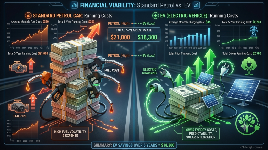 Comparative financial infographic showing long-term ownership cost of Petrol vs Electric Vehicles.