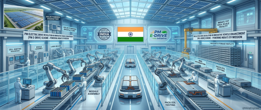 Automated robotic assembly line in an Indian advanced battery cell Gigafactory.