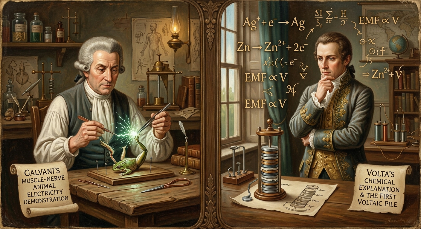 luigi-galvani-animal-electricity-vs-alessandro-volta-battery-theory Split screen diagram showing Luigi Galvani frog leg twitching experiment versus Alessandro Volta chemical contact theory