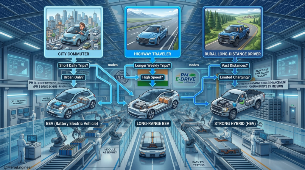 Decision flowchart guiding car buyers to select between BEV, Long-Range EV, and Hybrid based on daily driving.