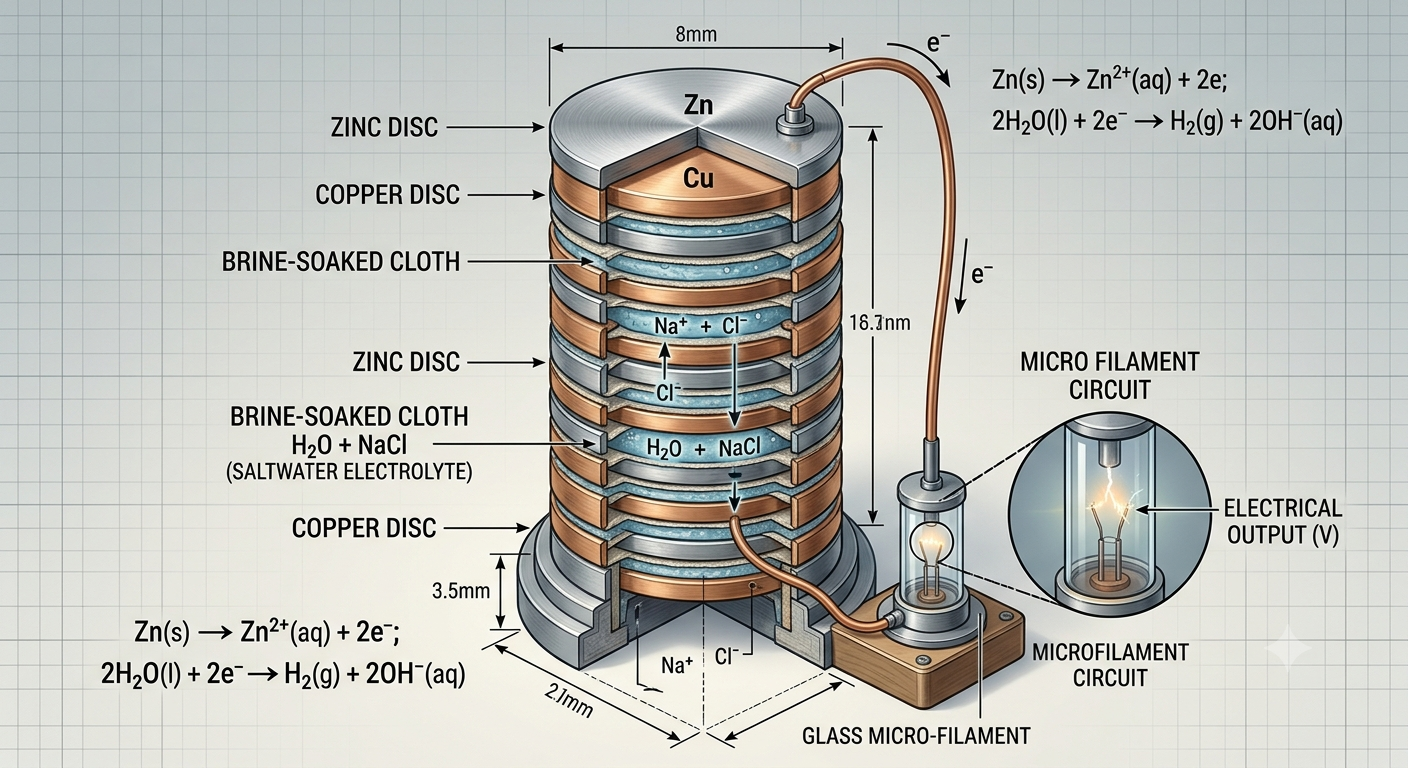 voltaic-pile-first-chemical-battery-construction-diagram Infographic of Alessandro Volta voltaic pile battery showing zinc and copper discs with brine cloth
