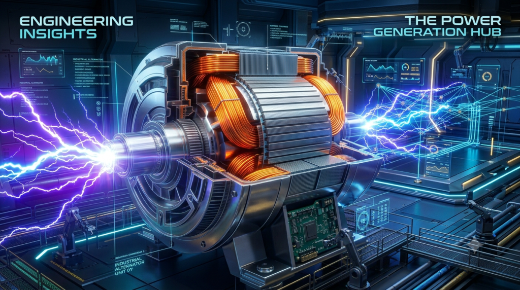 Heavy duty industrial alternator with glowing copper coils and blue electric arcs generating AC current